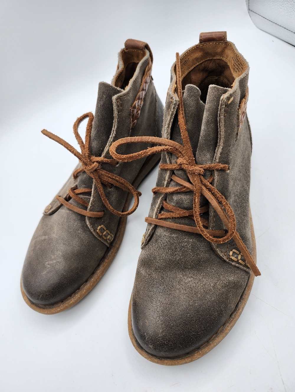 Born VTG Inspired Brown Suede Lace-Up Ankle Walking Boots with Braided Trim 8 - Picture 2 of 9